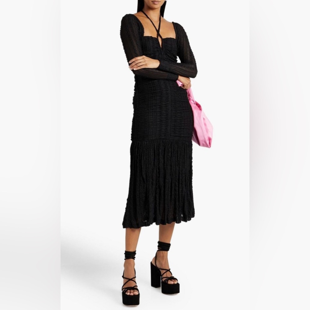 Ganni Black Textured Dress with Long Sleeves and Plunging Neckline